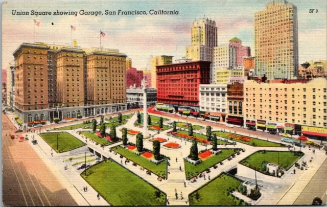 Union Square showing Garage, San Francisco, California CA linen postcard
