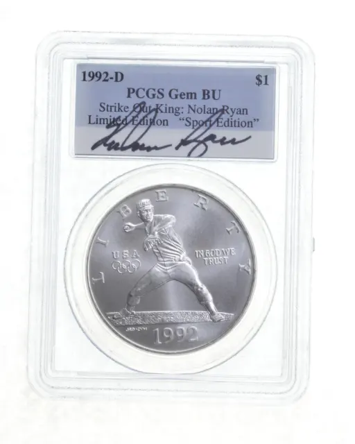 BU 1992-D Olympic Baseball Commem Silver Dollar Signed Nolan Ryan PCGS *4629