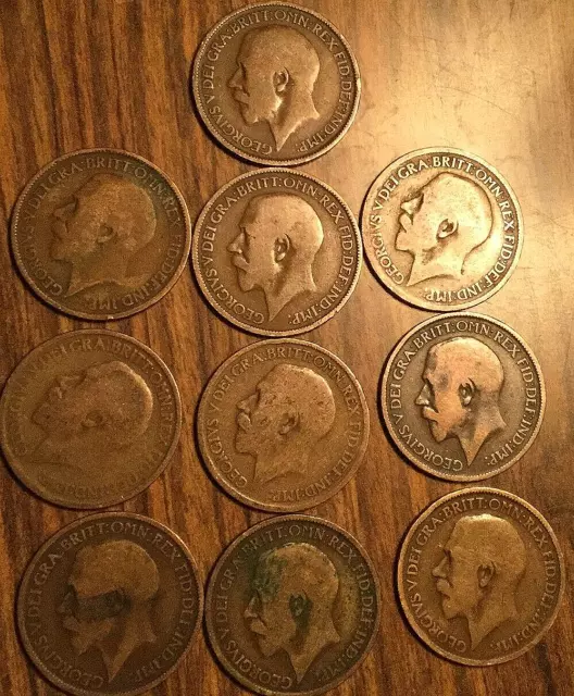 1911 To 1920 Set Of 10 Uk Gb Great Britain Half Penny Coins