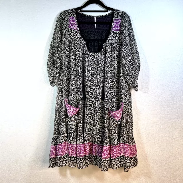 Free People Babydoll Dress Women's Small Black Penny Lane Peasant Tassel Tunic