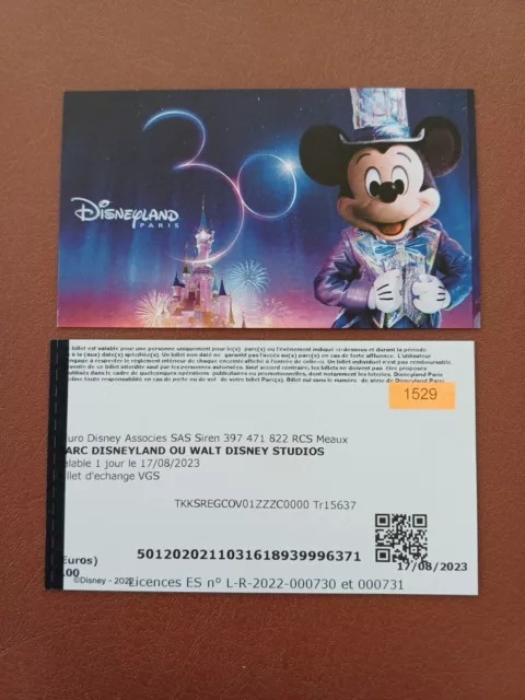 pass Euro Disney Disneyland 30 ans MICKEY 08/2023 verso VGS  1 PARC TTB