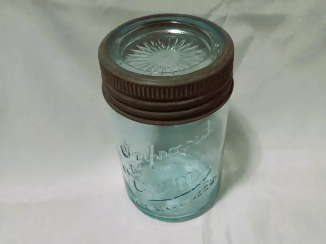 VINTAGE IMPERIAL GEM BLUE GLASS JAR FRUIT PRESERVING ZINC CAP 16oz 1PINT 2