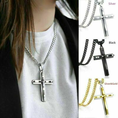 Mens Women Chain Necklace Black Cross Stainless Steel Pendant Crucifix Jesus