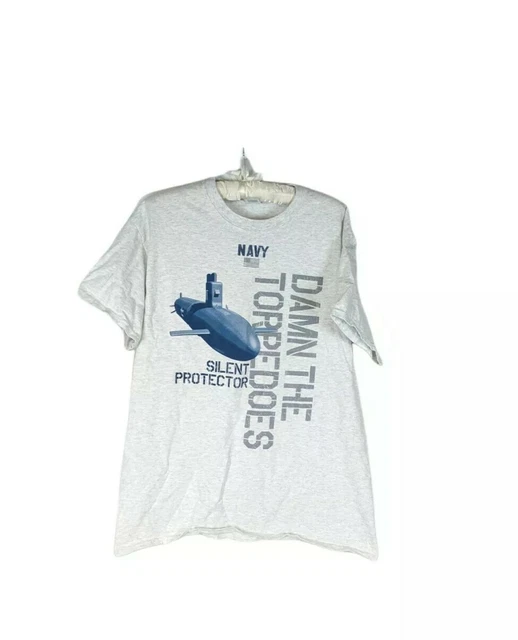 Gildan Sz L Men's Heathered Gray Navy Submarine Damn The Torpedoes Tshirt