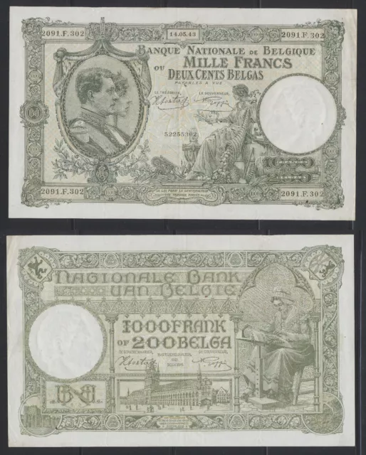 Belgien / Belgium P.104  1000 Francs = 200 Belgas 28.7.1939  (  XF- )  ( 386 B