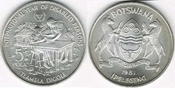 1981 Botswana Large Silver 5 Pula- Disabled Persons /Zebra/Shield- BU