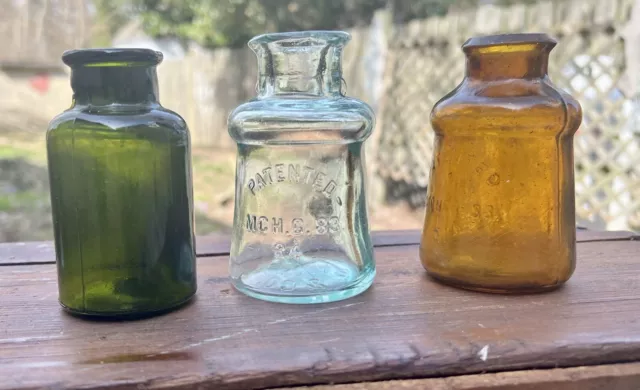 3 Old Antique Bixby Bottles, Amber, Aqua And Dark Green, Early 1900’s.