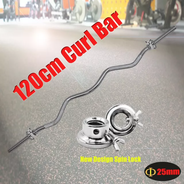 120cm Ez Curl Bar - Barbell Bar With 2 Spinlock Collars 25mm Diameter Weight Bar