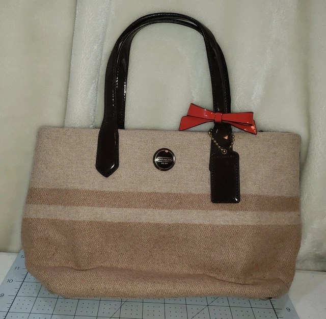 COACH Wool Blend Signature Stripe Tote F24786 Two Tone Tan w/ Brown Patent Trim
