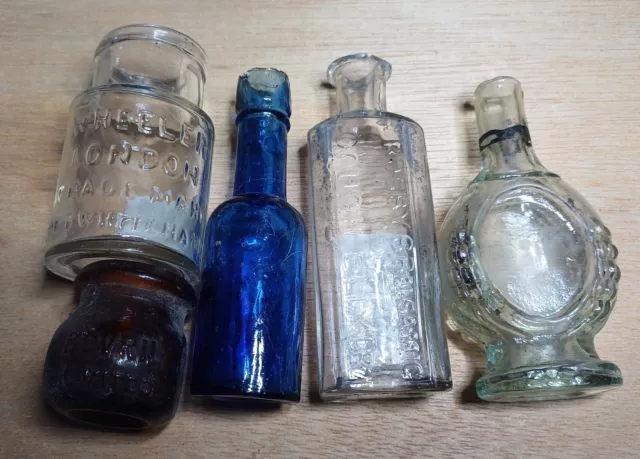 Job Lot Of Chemist Bottles Dug Up Blue Aqua Clear Glass Figural Perfume Etc