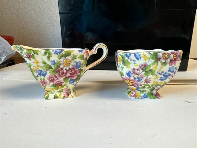 Rare Royal Winton cheedle Summertime Chintz Creamer & Sugar Bowl grimwades