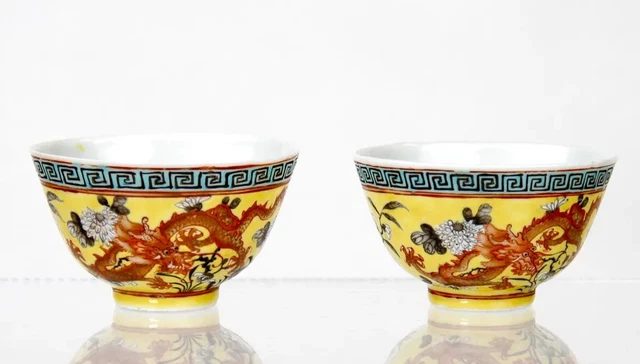 Pair of Antique Chinese Dragon Porcelain Bowl TeaCups Mark 19th c or Late