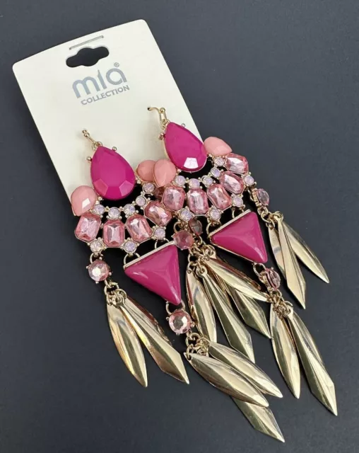 3.75" Big Pink Gold Tone Long Chandelier Earrings Rhinestone Glam Coquette NEW 2