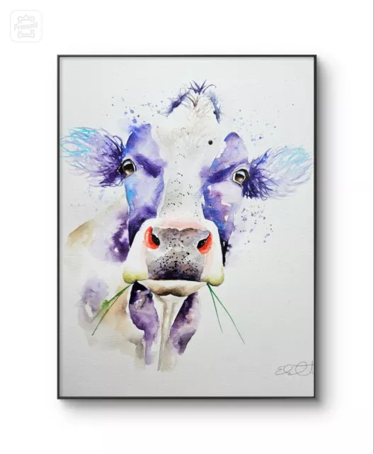 New large original signed watercolour art painting by Elle Smith Holstein Cow