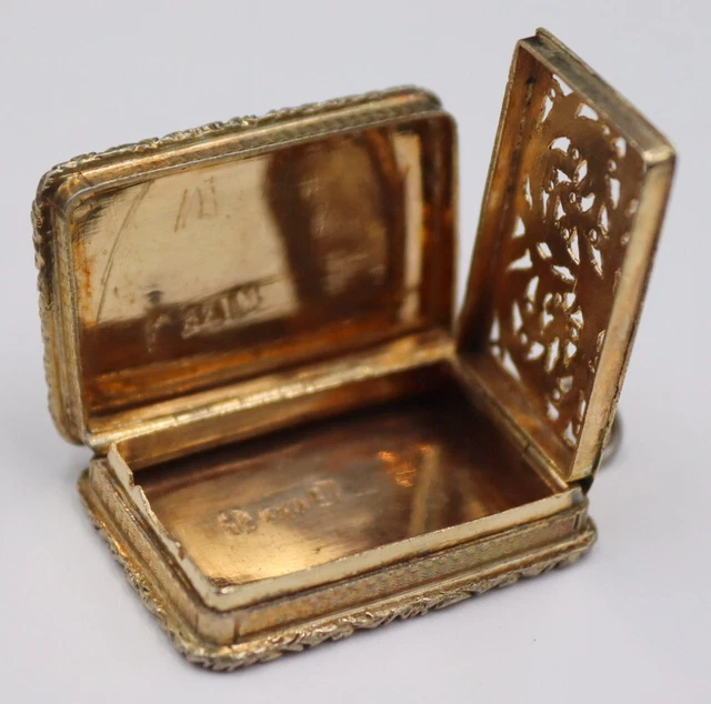 PRETTY! Antique 19th Century Signed English Gilt Silver Hinged Vinaigrette.