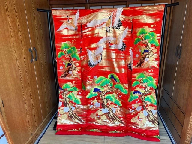 Japanese Kimono Robe Uchikake Dress Flying Crane Jacket Tapestry Cosplay Silk