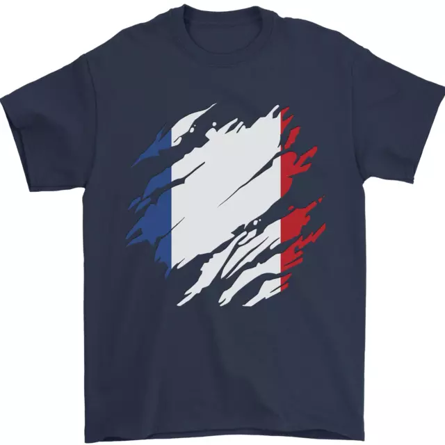 Torn Francia Bandiera Francese Giorno Calcio Uomo T-Shirt 100% Cotone