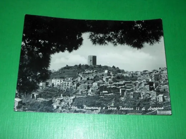 Cartolina Enna - Panorama e Torre Federico II di Aragona 1955.