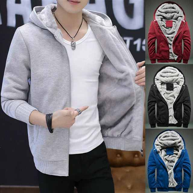 Mens Thick Fleece Fur Lined Hooded Jacket Winter Coat Sweatshirt Hoodie Top 2