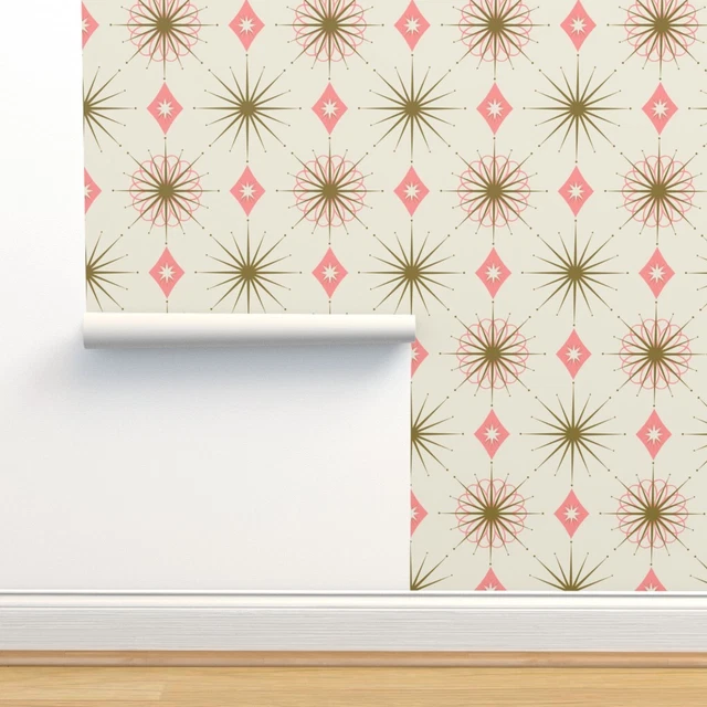 Removable Water-Activated Wallpaper Pink Retro Diamond 1950S Mid Century Atomic