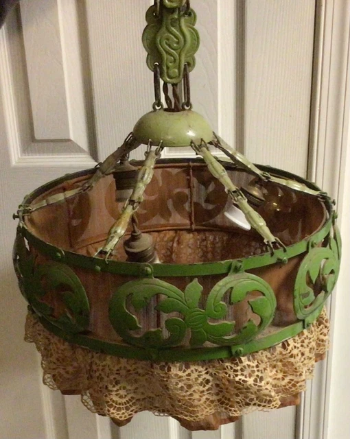 Art Deco Green Pointed Metal w Lacy Cloth 16” D Hanging Ceiling Light Fixture