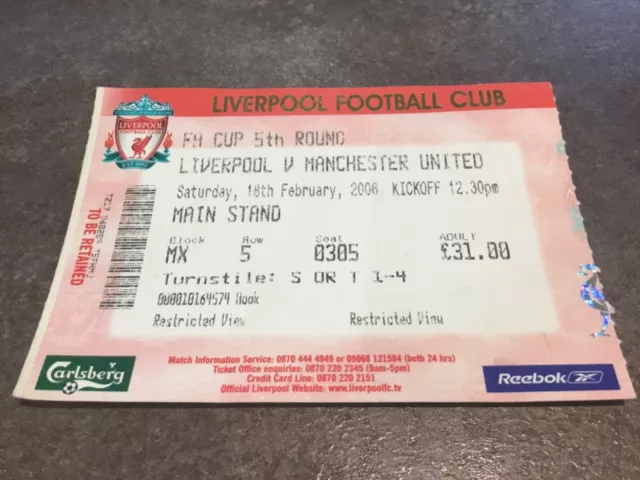 Liverpool v Manchester United 18 February 2006 Match Ticket