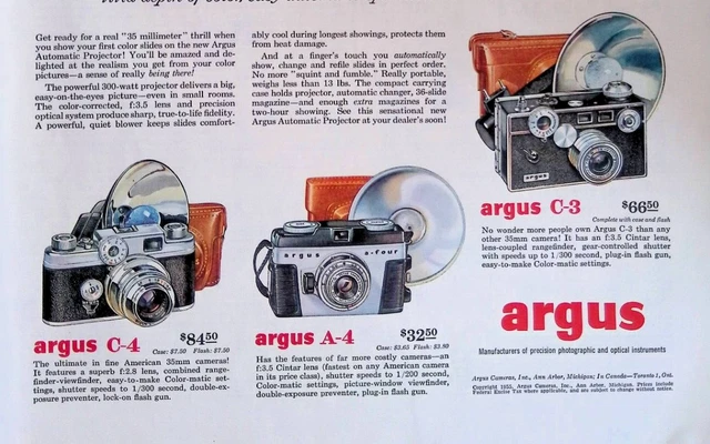 Argus Projector 35mm Cameras A-4 C-3 C-4 Original 1955 Print Ad 10.5x13.75"