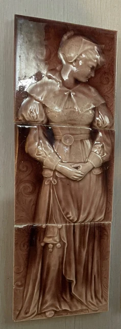 1890's Antique Salvaged  A.E. Tiling Co. Pottery Glazed 3 Piece Portrait Tiles