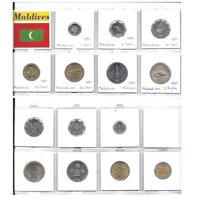 Maldive Islands Collection Of 7 Unc Coins 1 Laari - 2 Rufia 1982-1995 1T8