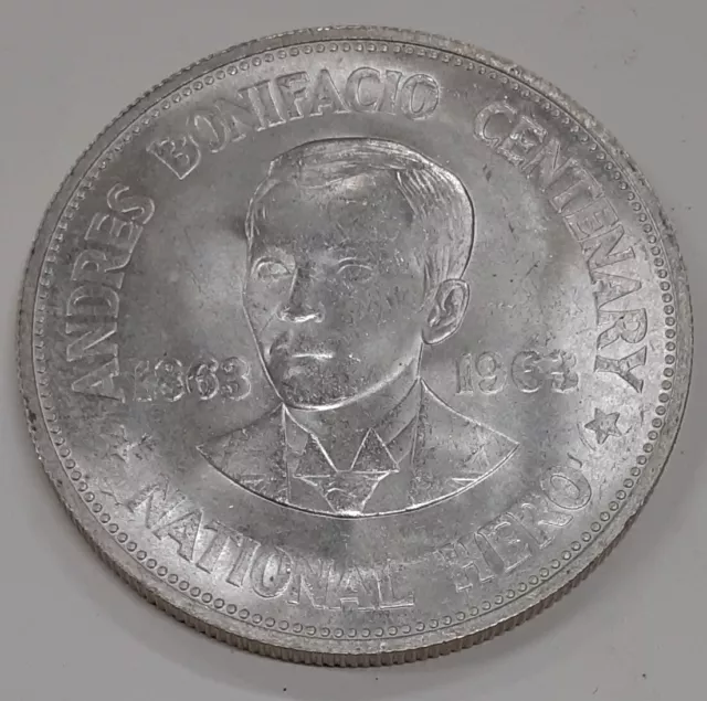 1963 Philippines 90% Silver Peso 100th Anniversary/Birth of Bonifacio UNC