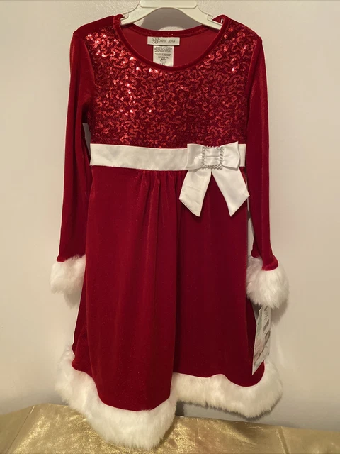 NWT Bonnie Jean Holiday Red Velvet Sparkly Sequin Dress Faux Fur Trim Size 5