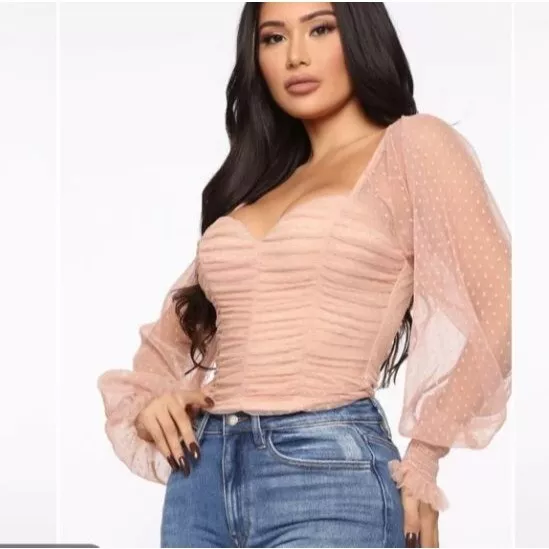 Fashion Nova Keeping It Cute Crop Top Plus Size Longsleeve Sheer Dot Ruched 3XL