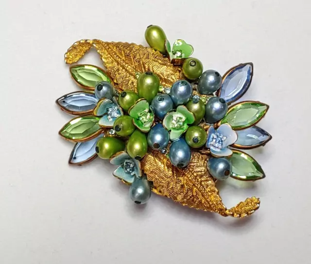 Brooch Alice Caviness Vintage Unsigned Rhinestone VASELINE Glass Pin Green Blue