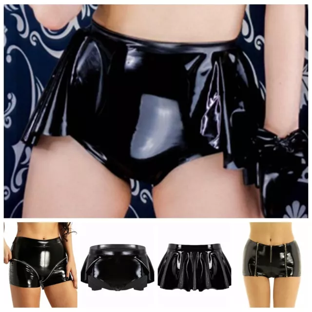 Womens Wet Look Leather High Waist Hot Pants Zipper Shorts Clubwear Dance Party