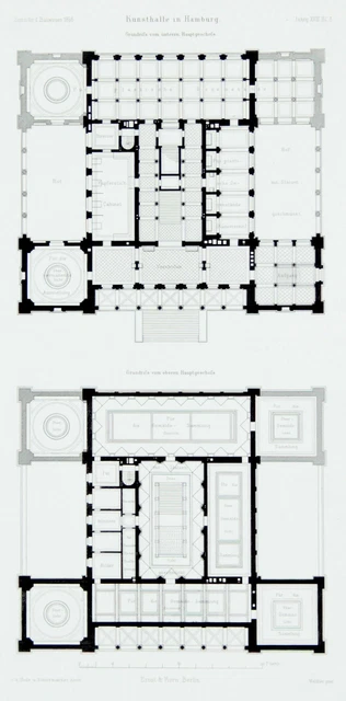 HAMBURG - Zeitschrift für Bauwesen - Kunsthalle, Grundriss - Kupferstich, 1868