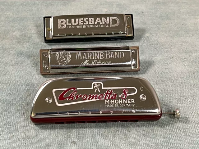 Lot of 3 Hohner Harmonicas - Blues Band, Marine Band &  Chrometta 8 - Germany