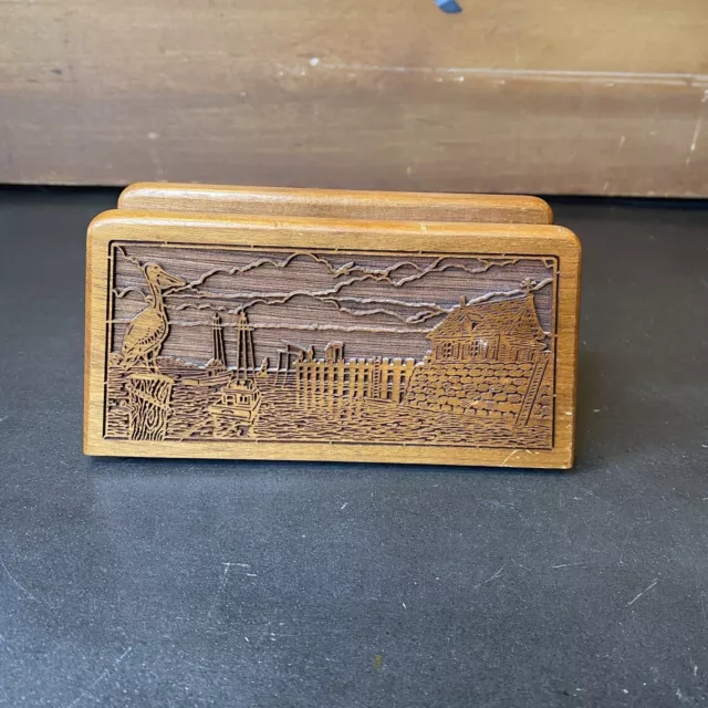 Vintage 80s Wood Napkin Holder Laser Etched Harbor Scene Boats Fishermen Pelican