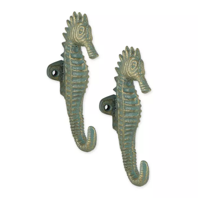 Versatile Cast Iron Set Of Two Aquamarine Seahorse Wall Mount Hook