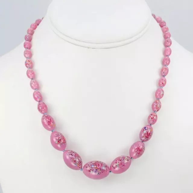 Vintage Art Deco Czech Bohemian Pink Satin Swirl Floral Rose Glass Bead Necklace