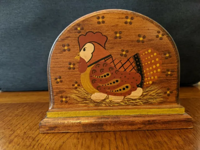Wood Laying Hen Chicken Napkin Letter Holder Stained Hand-Painted Vintage