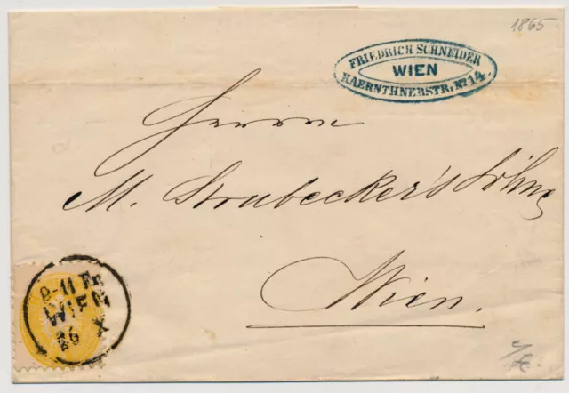 ÖSTERREICH 1865 2Kr gelb, sehr schöne farbe! Brief mit WIEN stempel. Sehr schön!