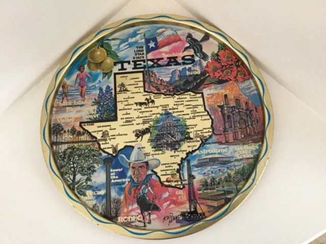 1950’s TEXAS  Ken Haag USA State Souvenir Metal Round Map Graphic Landmark Tray