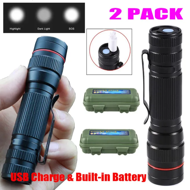 2 Pack LED Flashlight Tactical Light Super Bright Torch USB Rechargeable Lamp