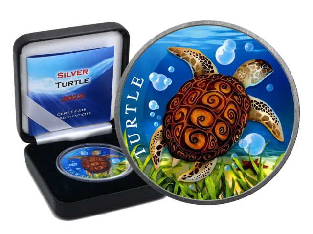 1 oz Silver Niue Turtle 2022 Antique Finish Color in Box CoA