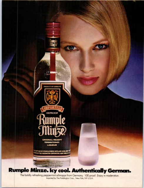 Rumple Minze Peppermint Schnapps Woman Bottle 1985 Print Ad 8"w x 11"