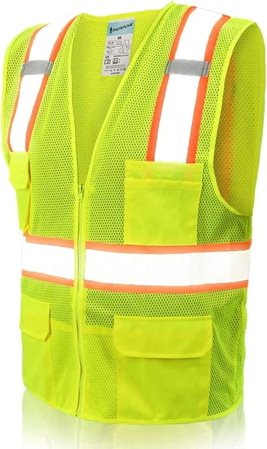 High Visibility Safety Vest with Pockets, Mic Tabs, Zipper and Reflective Strips