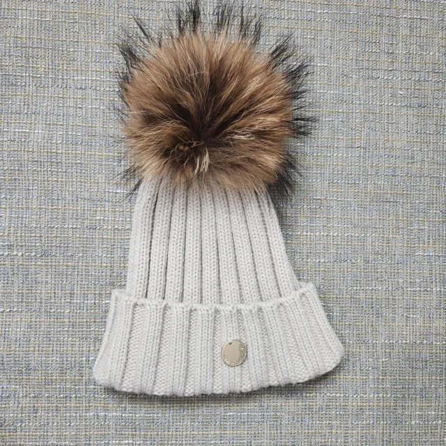 Charming Baby Beige Knit Ribbed Pom Pom Beanie Cap Hat OS