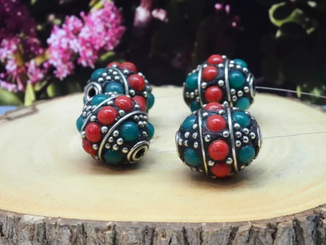 Tibetan Nepalese Artisan Handmade Brass Turquoise Coral 4 Masala beads Tibet