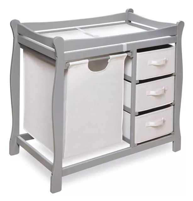 Sleigh Style Baby Changing Table with Laundry Hamper and 3 Storage Drawers - ...