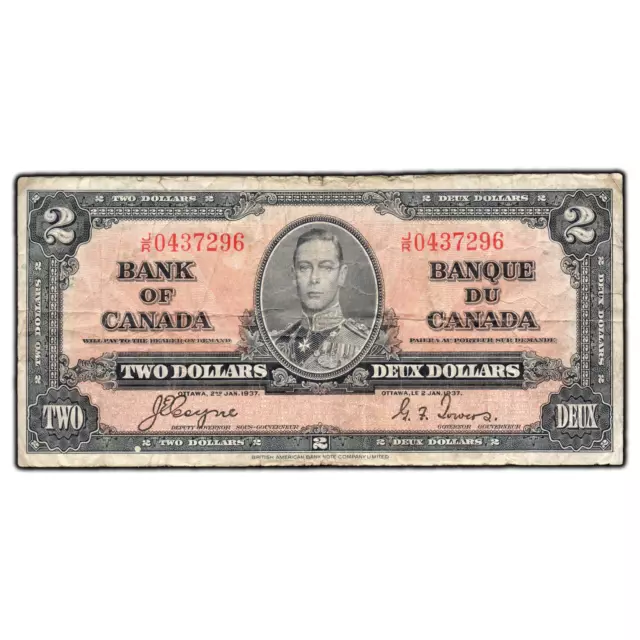 $2 1937 Bank of Canada Note Coyne-Towers J/R Prefix BC-22c - Edge Tear